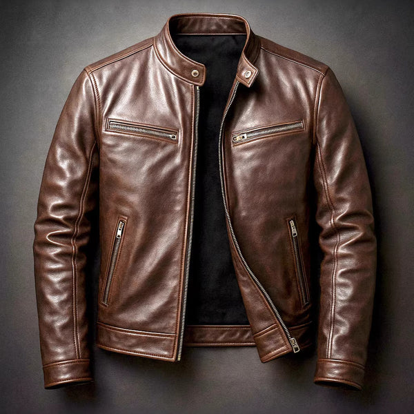 Mens PU Leather Motorcycle Jacket With A Stand-Up Collar