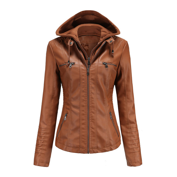 Detachable women Two-piece Hooded Leather Jacket